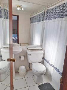 a white bathroom with a toilet and a sink at Apart Hotel Punto Real in Curicó +35 photos