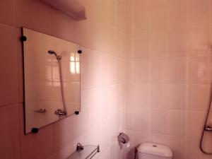 a bathroom with a shower and a toilet and a mirror at Le MoniPol Hôtel in Franceville +15 photos