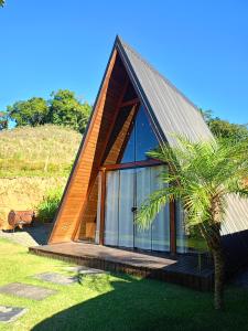 a house with a triangular roof and a palm tree at Chalé in Jaraguá do Sul