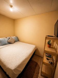 a small bedroom with a bed and a television at Arianas Place 2 in Huehuetenango