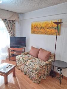 a living room with a couch and a flat screen tv at Apart Hotel Punto Real in Curicó