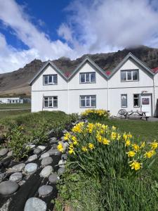 a white house with yellow flowers in front of it at Skyrhusid Guesthouse in Hali