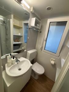 a bathroom with a sink and a toilet and a window at Mobile Home David-Camp Soline in Biograd na Moru +36 photos