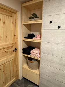 a closet with wooden shelves and a door at Taagepera Guest Apartment in Taagepera