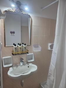 a bathroom with a sink and a mirror at Diogenes Apartments in Samos +55 photos