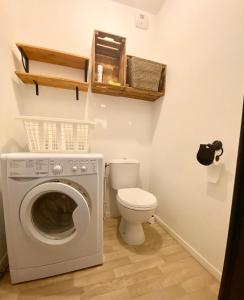 a bathroom with a washing machine and a toilet at Rotamagus Officiel in Rouen +50 photos