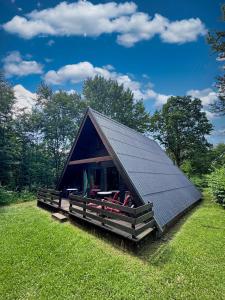 a cabin with a solar roof on a grass field at Twiste Retreat 126 - Endreinigung und Handtücher pro Person inklusive in Bad Arolsen