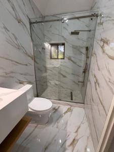 a bathroom with a toilet and a glass shower at Pearls and Palms Inn in Negril