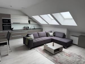 a living room with a couch and a table at La Brloh Pardubice in Pardubice