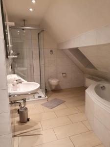 a white bathroom with a sink and a toilet at Zum Schinderhannes in Waibstadt