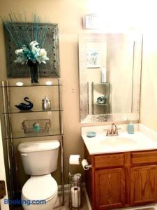 a bathroom with a toilet and a sink and a mirror at The Haven at Charity House in Waldorf
