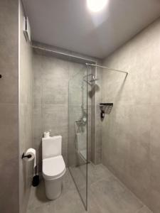 a bathroom with a toilet and a glass shower at Sunny Gardens in Shekhvetili