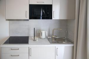 a kitchen with a sink and a microwave at Hotel Ascona Bad Krozingen Frisch renoviert in bester Lage, nahe Autobahn, Kurpark und Vita Classica in Bad Krozingen