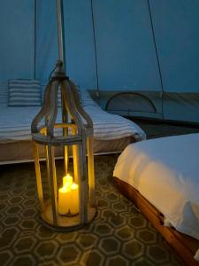 a light in a room next to a bed at Boscastle Bell Tents in Boscastle