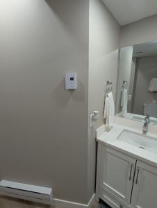 a white bathroom with a sink and a mirror at Olas Place in Regina +21 photos