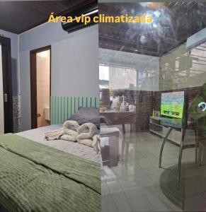 two pictures of a bedroom with a bed and a table at Maktub Estadia e recepções in Paulista