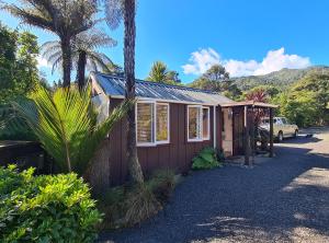 a small house with a palm tree in front of it at Bali Haven in Coromandel Town