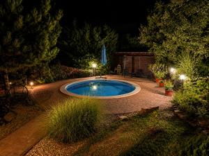 a swimming pool in a garden at night at Harmónia és Béke Csopak in Csopak +16 photos