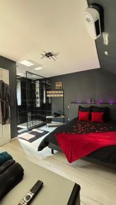 a bedroom with a bed with red pillows at Ô Saphir Spa - Maison N2 in Denain