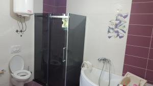 a bathroom with a toilet and a glass shower at Buljarica Bay Apartments in Petrovac na Moru +37 photos