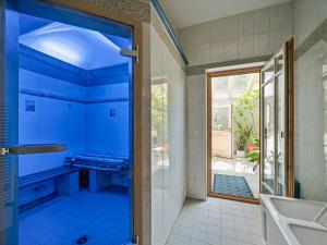 a bathroom with blue walls and a glass door at Traudi in Waldkirchen +23 photos