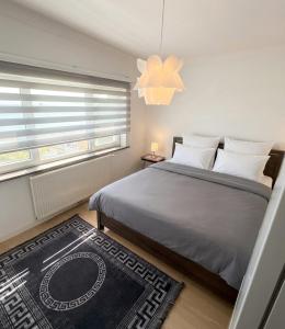 a bedroom with a bed and a window and a rug at Negenendertigtwintig-Lommel in Lommel