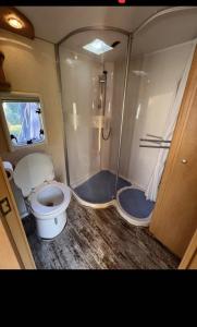 a small bathroom with a toilet and a shower at Кемпер дом in Chişinău +2 photos