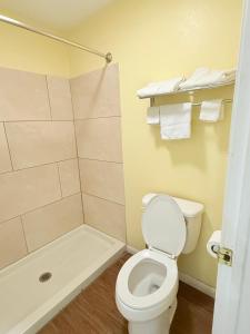 a bathroom with a white toilet and a shower at Budget Inn in Vidalia