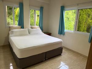 a bedroom with a large bed with blue curtains at You 4 Ric Piton Suites in Soufrière