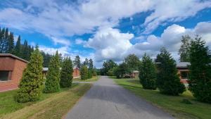 an empty road with trees on either side at Ventum Village in Punkaharju