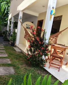 a house with a chair and flowers in the yard at Rancho das mangabeiras in Mata de Sao Joao