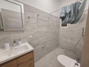 a bathroom with a sink and a toilet and a shower at Himara City 10 - Central, Beach Access in Himare