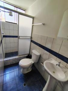 a bathroom with a toilet and a sink at Hotel Las Viñas in Huánuco +64 photos
