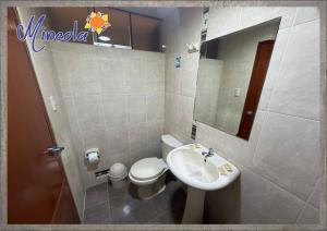 a bathroom with a sink and a toilet and a mirror at Hostal Mineola Huacho in Santa María