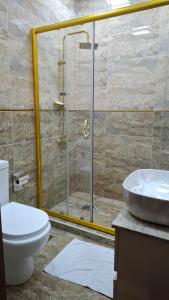 a bathroom with a shower and a toilet and a sink at The Golden Street Hotel in Baku