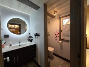 a bathroom with a sink and a toilet and a mirror at Source Olympique Alpes in Gilly-sur-Isère