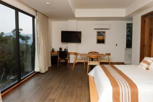 ein Schlafzimmer mit Bett, Schreibtisch und Fernseher in der Unterkunft Hotel Téneka in Xilitla