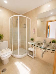 a bathroom with a shower and a sink and a toilet at Bom dia Parque Nações LisboaZ in Lisbon