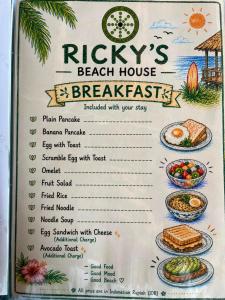 a menu for a beach house breakfast at Ricky's Beach House in Pasarsungai-nyala