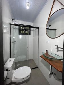 a bathroom with a toilet and a sink and a mirror at Chalé Carvalho in Araucária