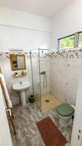a bathroom with a shower and a toilet and a sink at Harmony Caraibes in Le Robert
