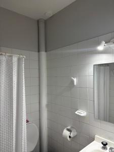 a bathroom with a shower curtain and a sink at Tortugas Hotel in Carlos Casares