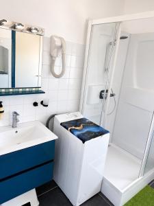 a bathroom with a shower and a toilet and a sink at An Dorzell beach 60 meters in Cléder +15 photos
