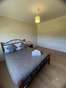 a bedroom with a large bed with blue pillows at Bruny Seaview Escape in Alonnah