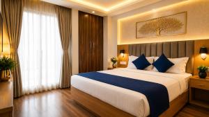 a hotel room with a large bed with blue pillows at JHS Kundli in Sonīpat