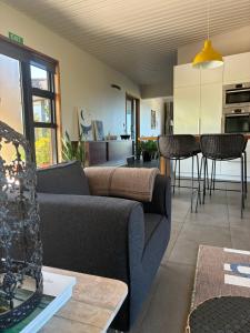 a living room with a couch and a kitchen at La Bodega Waiheke Island in Surfdale