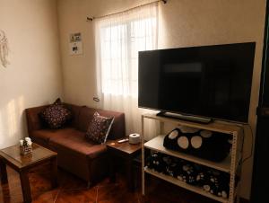 a living room with a couch and a flat screen tv at Ecohotel El Amarradero in Alejandría