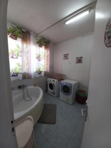 a bathroom with a tub sink and a washing machine at Grande Maison atypique proche du Maïdo in Saint-Paul +53 photos