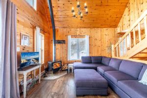 a living room with a couch and a tv at Spa Outdoor & Adventure - LEnigmasud in Saint-Philémon
