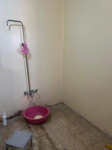 a bathroom with a pink toilet in the corner at Traveler rest in Arbājīyah